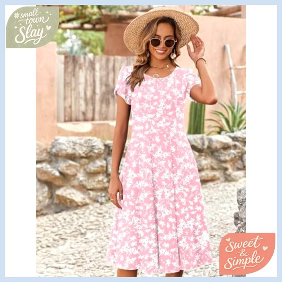 Short Sleeve Midi Dress Flowy A-Line Casual Summer Sundress with Pockets - Picture 3 of 7